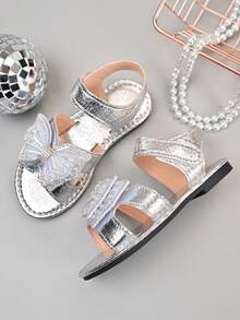 2026 Summer New Silver Rhinestone Butterfly Sandals For Girls, Shiny Princess Style Hook And Loop Soft Bottom Children Shoes - Silver - View 3