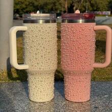 40 Oz Stainless Steel Cup With Handle With Upgraded Leak-Proof Straw Lid,Double Wall Vacuum Insulated Bottle, High-End Fashion Pearl Style Multi-Color Beverage Container, Portable Water Bottle For Outdoor Camping, Hiking, Driving, Travel - White - View 2