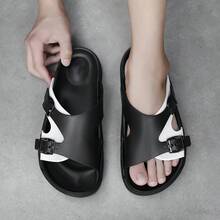 Men's Casual Slippers, Buckle Design Beach Sandals, Versatile Non-Slip Fashion Slides, Suitable For All Seasons - Black and White - View 9