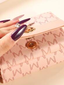 Women's Short Wallet, New Tri-Fold Zipper Coin Purse, Minimalist Fashion Jacquard Card Holder - Pink - View 4