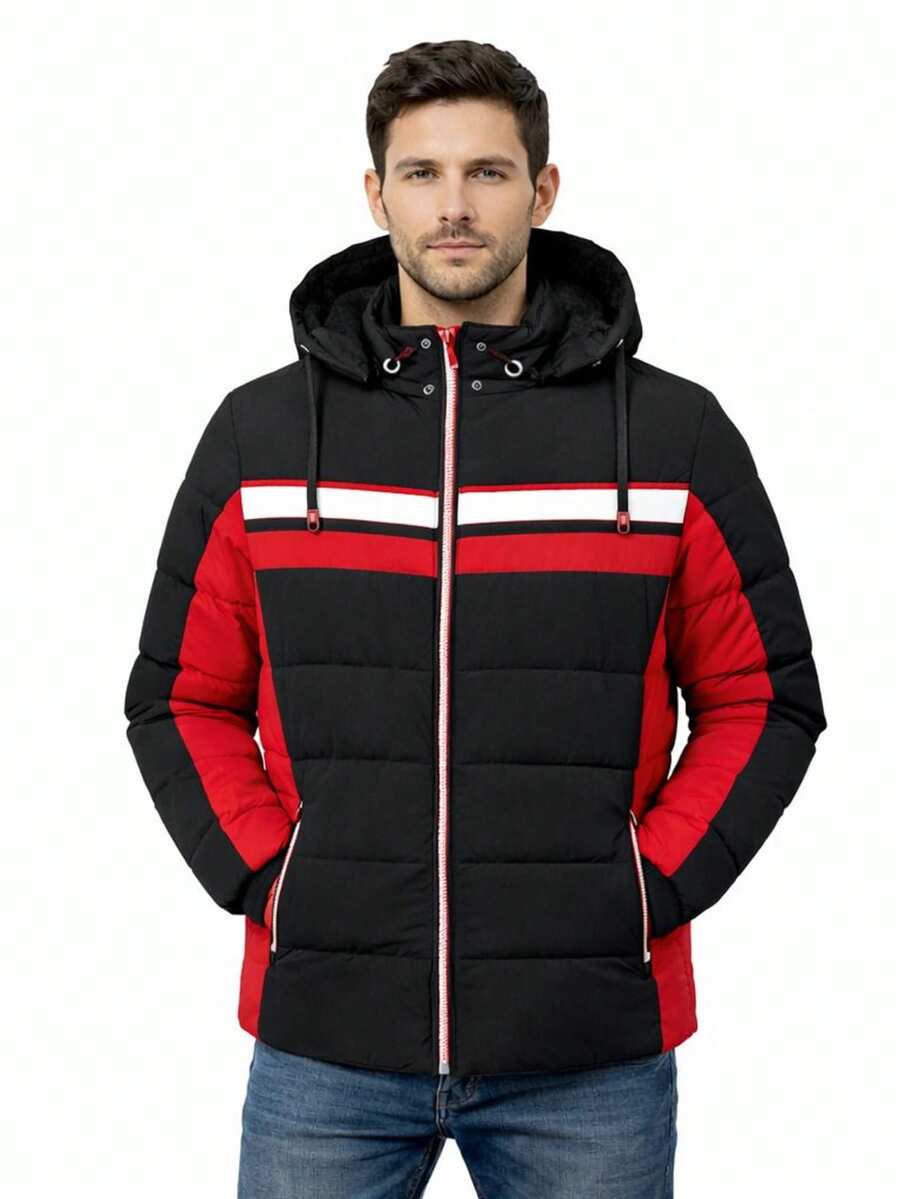 Men's Plush Nylon Winter Jacket With Regular Fit, Drawstring Pocket, Zipper, And Carnival Style. - 紅色 - 查看 1