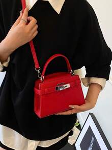 Modern Classic Style Women's Handbag With Strap Decoration; Stylish Bright Red Shoulder Bag - Red - View 3