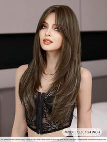 7JHH WIGS Elegant 24-Inch Long Brown Layered Wig With Curtain Bangs For Women Daily Wear, Natural Synthetic Heat Resistant Fiber Hair, Middle Part Loose Wave Golden Highlight Wigs For Mather's Day Gift Wig Accessories - 亞麻棕 - 查看 4