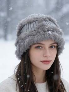 1顶新款仿毛皮压花高端渔夫帽/针织帽，女士冬季时尚保暖修脸帽，可爱秋冬保暖毛绒混色针织舞狮帽 - A - 查看 2