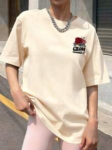Women's Summer New Simple Letter & Rose Print Casual Loose Versatile Round Neck Beige Short Sleeve T-Shirt, Everyday Top, Suitable For Daily Wear - Apricot - View 5