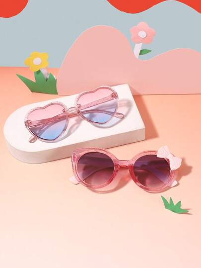 Set de 2 gafas con marco de ojo de gato con forma de corazón y decoración de lazo, para niños y niñas de 3 a 8 años, accesorios de disfraz para fiestas, viajes y actividades al aire libre, con estuche para gafas