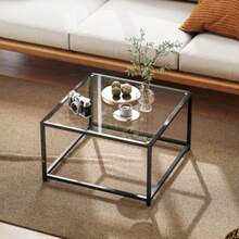 Square Side Table/Nightstand With Tempered Glass Top, Coffee Table With Steel Legs, 68 X 68 X 39 Cm, Black - Black - View 1
