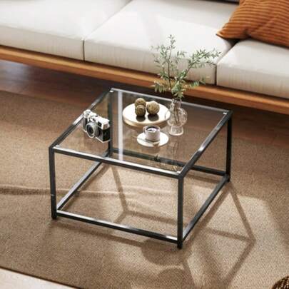 Square Side Table/Nightstand With Tempered Glass Top, Coffee Table With Steel Legs, 68 X 68 X 39 Cm, Black