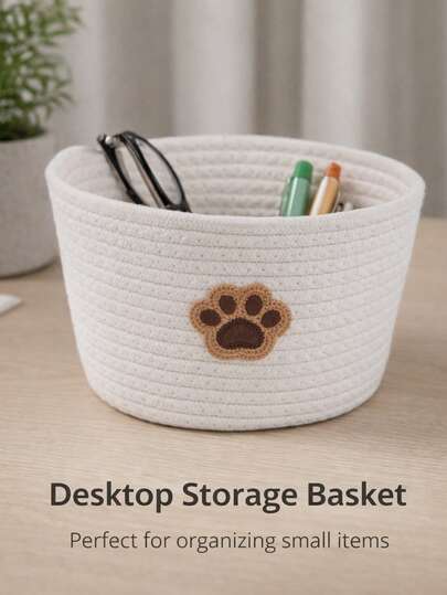 1pc Cotton Rope Woven Storage Basket With Pet Paw Print Pattern, For Pet Toy Storage, Bedroom Vanity, Desk, Kids Toy Storage