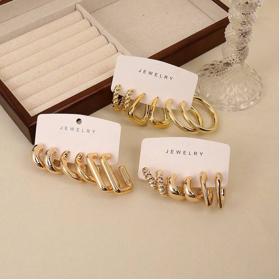 1-9对复古时尚金色C形/几何/纹理耳环，采用轻质树脂材料制成，适合日常、派对、约会和其他场合佩戴。 - 金色 - 查看 1