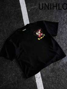 Disney UNIHLO Street Life Men's Casual Loose  Valentine's Day Love  Cartoon  Print Short Sleeve T-ShirtSummer - 黑色 - 查看 2