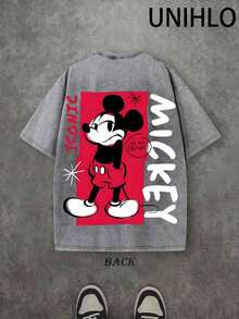 Disney UNIHLO  Mickey   Printed Summer Heavyweight Retro Washed Street Fashion Casual T-Shirt - Grey - View 3