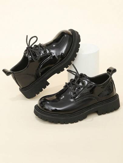 1 Pair Classic Glossy Lace-Up Design Children's Shoes, British Minimalist Solid Color Style Lightweight Casual Children's Loafers & Oxfords, Breathable Comfortable Non-Slip Durable Rubber Thick Sole Elevator Campus Versatile Leather Shoes, Suitable For Boys And Girls Aged 3-16, Daily Campus Life, Shopping, Birthday Party, Holiday, Beach Vacation, 2026 Spring/Summer New Arrival