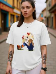 Camiseta de Manga Corta Algodón para Mujer 2026 - Estampado Chica Anime Retro con Lazos Rojos Transpirable Playeras de Uso Exterior - Blanco - Ver 7