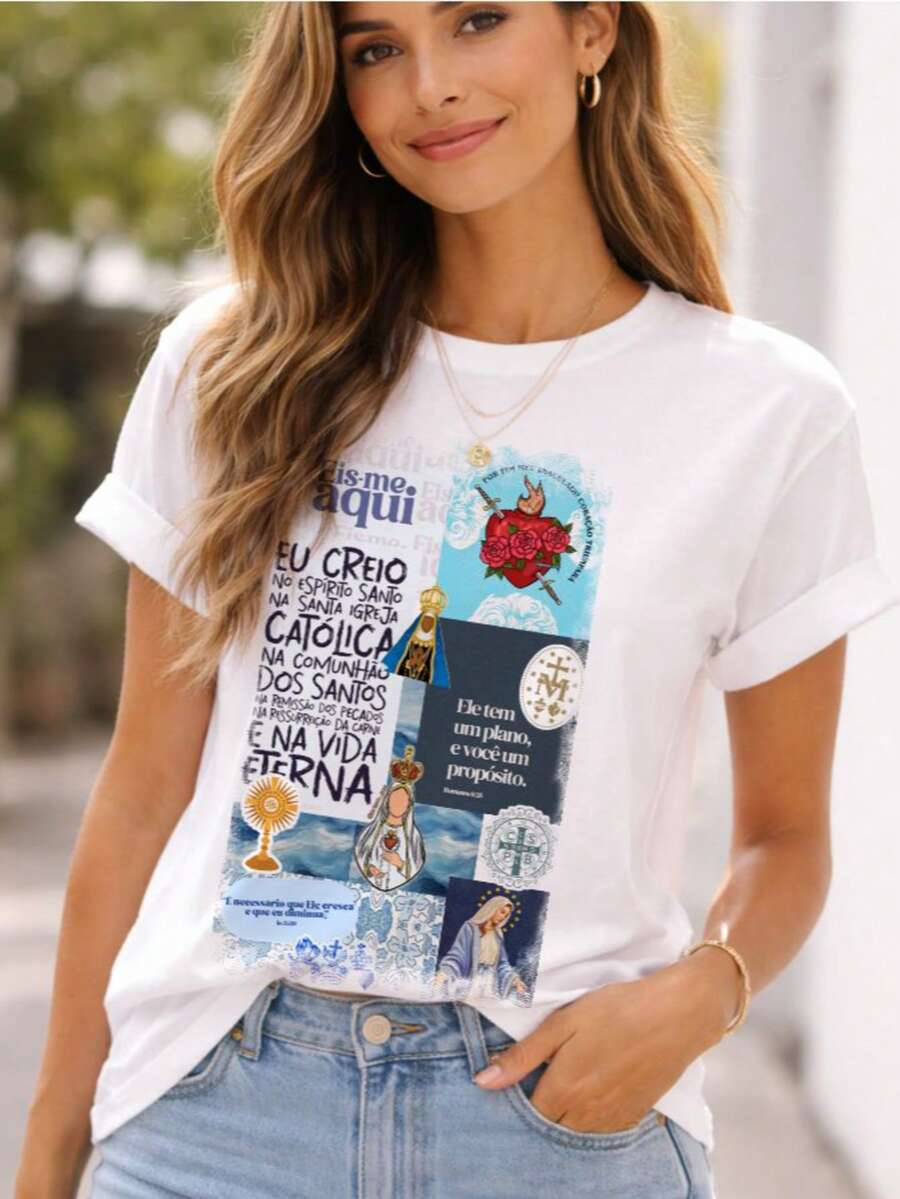 Women's T-Shirt With Virgin Mary, Our Lady Of Grace, Creed Prayer,  Medal, Christian, Jesus, Gospel, Plus Size. - trắng - Xem 1