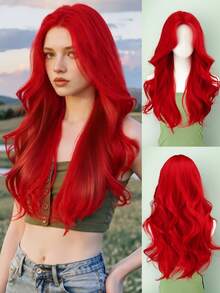 26英寸合成纤维假发 - 长款自然玫瑰网帽红色卷发假发，中分，耐热，适合女性，优雅风格，耐热假发，派对假发，质地柔软假发 - 彩色 - 查看 2
