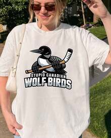 Oversized  Women's Shirts  White Stupid Canadian Wolf Bird Shirt, Heated Rivalry Tee, Hockey Fan Shirt, Gay Sport Shirt, Team Spirit Graphic Gift Lgbtq Fan  Clothing - 白色 - 查看 1