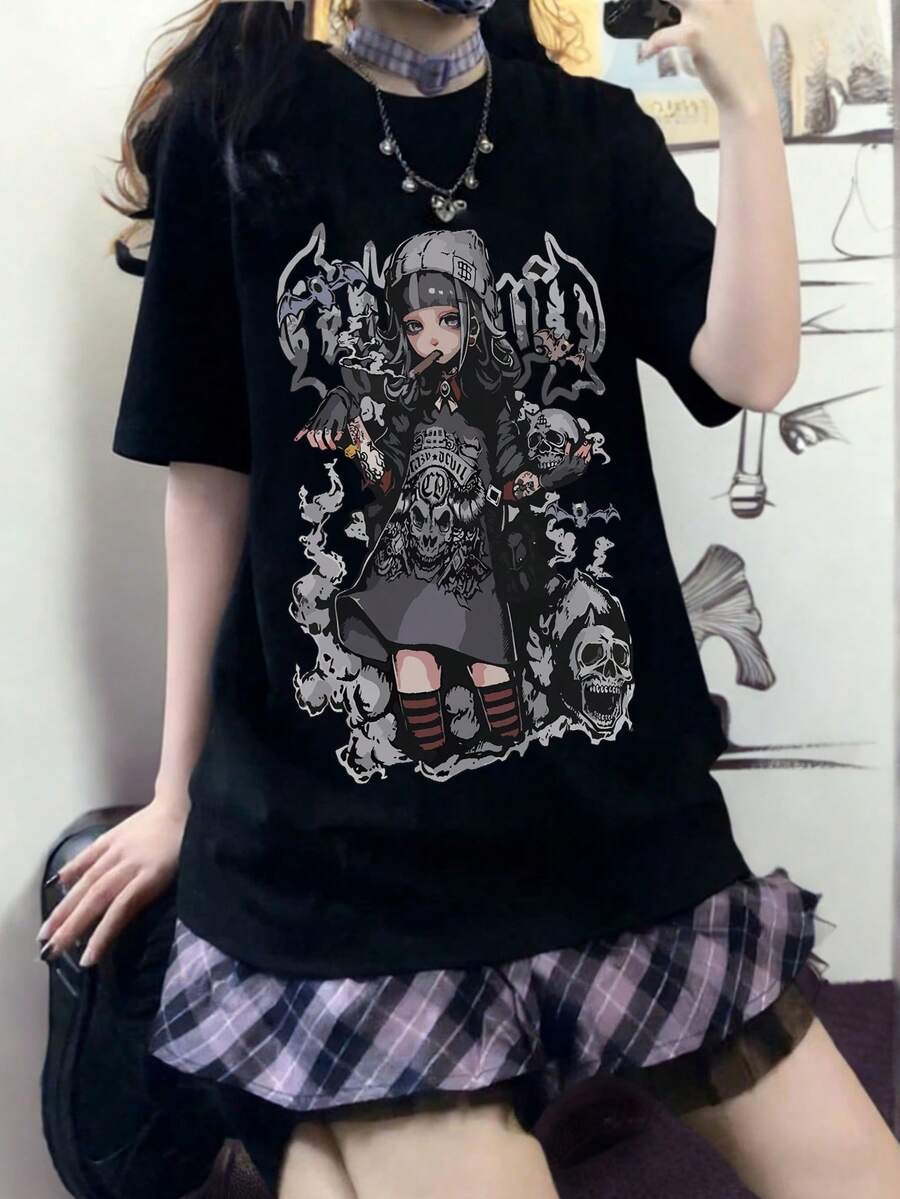 新款夏季 Z 世代 Y2K 风格女式印花圆领短袖 T 恤 - 黑色 - 查看 1