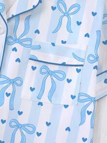 2-Piece Set - Women's Pajama Set, Loose Shorts Paired With Short Sleeved Top, Loose And Soft Casual Wear With Simple Blue Bow Print, Suitable For Daily Home, Family, Year-Round Pajama Party Wear - 藍色 - 查看 4