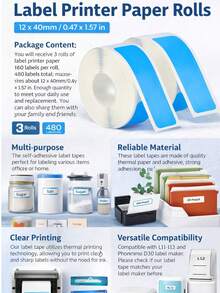 3 Rolls 480Pcs Label Maker Tape For Phomemo D30 Label Printer Machine, 12mm X 40mm Thermal Paper Stickers Waterproof Self Adhesive Label Tape Replacement For Home Office School Files - Multicolor - View 9