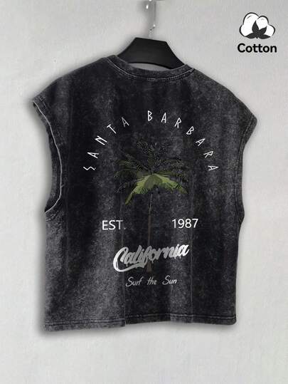 Camiseta de tirantes de estilo callejero de verano para hombres con gráfico de cuadro, camiseta de tirantes casual de lavado vintage ligeramente elástica para vacaciones en negro, camiseta de tirantes de cuadro relajada para salidas diarias