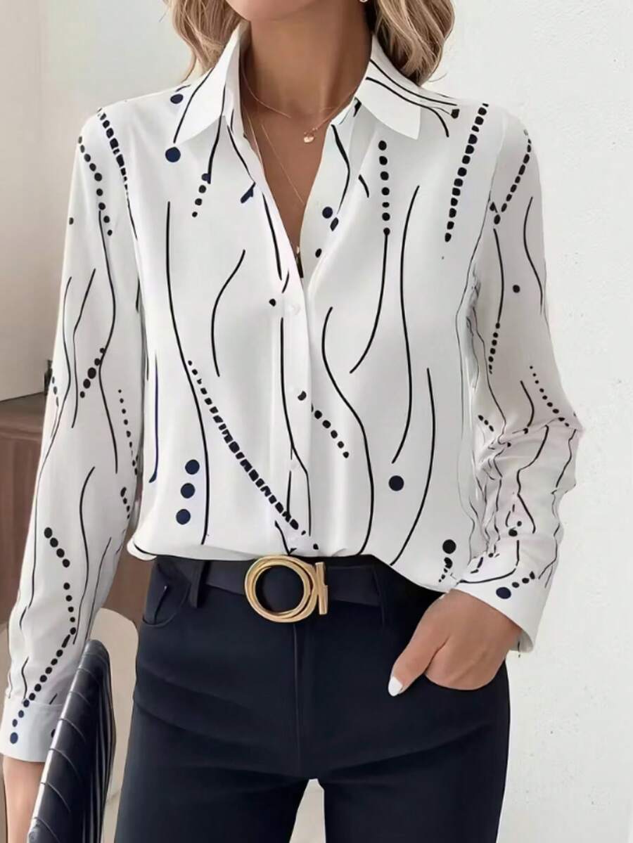 Contrast Striped Button Front Office Casual Versatile Long Sleeve Shirt Vacation White - White - View 1