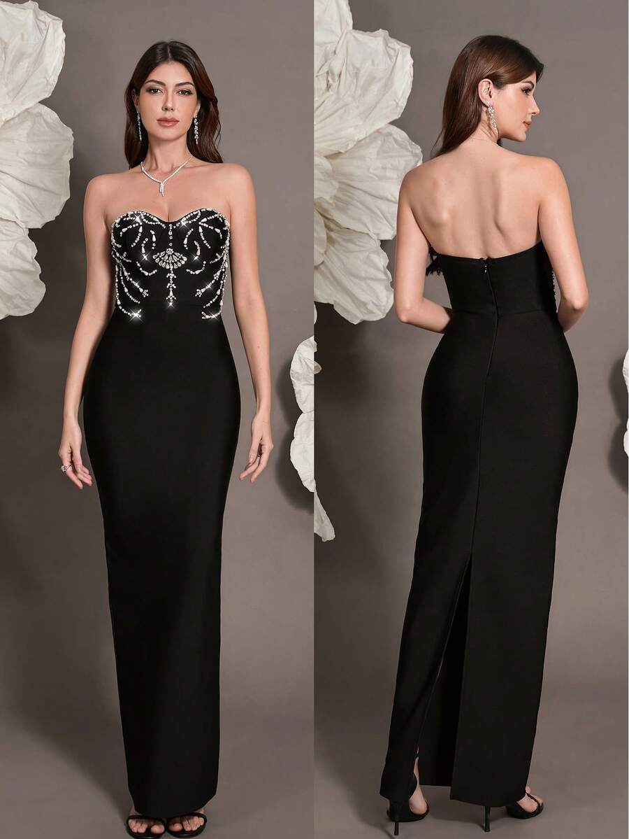 Handmade Beaded Bandage Bodycon Dress, Knitted Sleeveless Fitted Dress For Family Gatherings, Parties, Banquets, And Formal Occasions Wedding Black Spring Party - Black - View 1