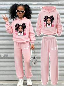 Bộ 2 món gồm áo hoodie dài tay in hình trái tim và quần dài cho bé gái, trang phục thể thao thường ngày, phù hợp cho mùa xuân/thu, món quà tuyệt vời cho bé gái khi đi dã ngoại. - Hồng - Xem 3