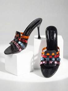 2026 Summer New Women's 9cm Pointed Toe Stilettos, Glossy Black With Colorful Transparent Strap Patchwork, Casual Rhinestone Party & Evening Wear High Heels - Black - View 3