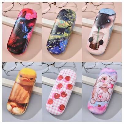 1pc Cute Cat & Cherry Animal Element Eyeglasses Case, Portable & Shockproof Eyewear Storage Box, Cartoon Eyeglasses Case, Holiday Gift