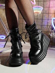 Unisex Lolita Punk Platform Shoes, Women Gothic Y2K Ankle Boots - Black - View 1