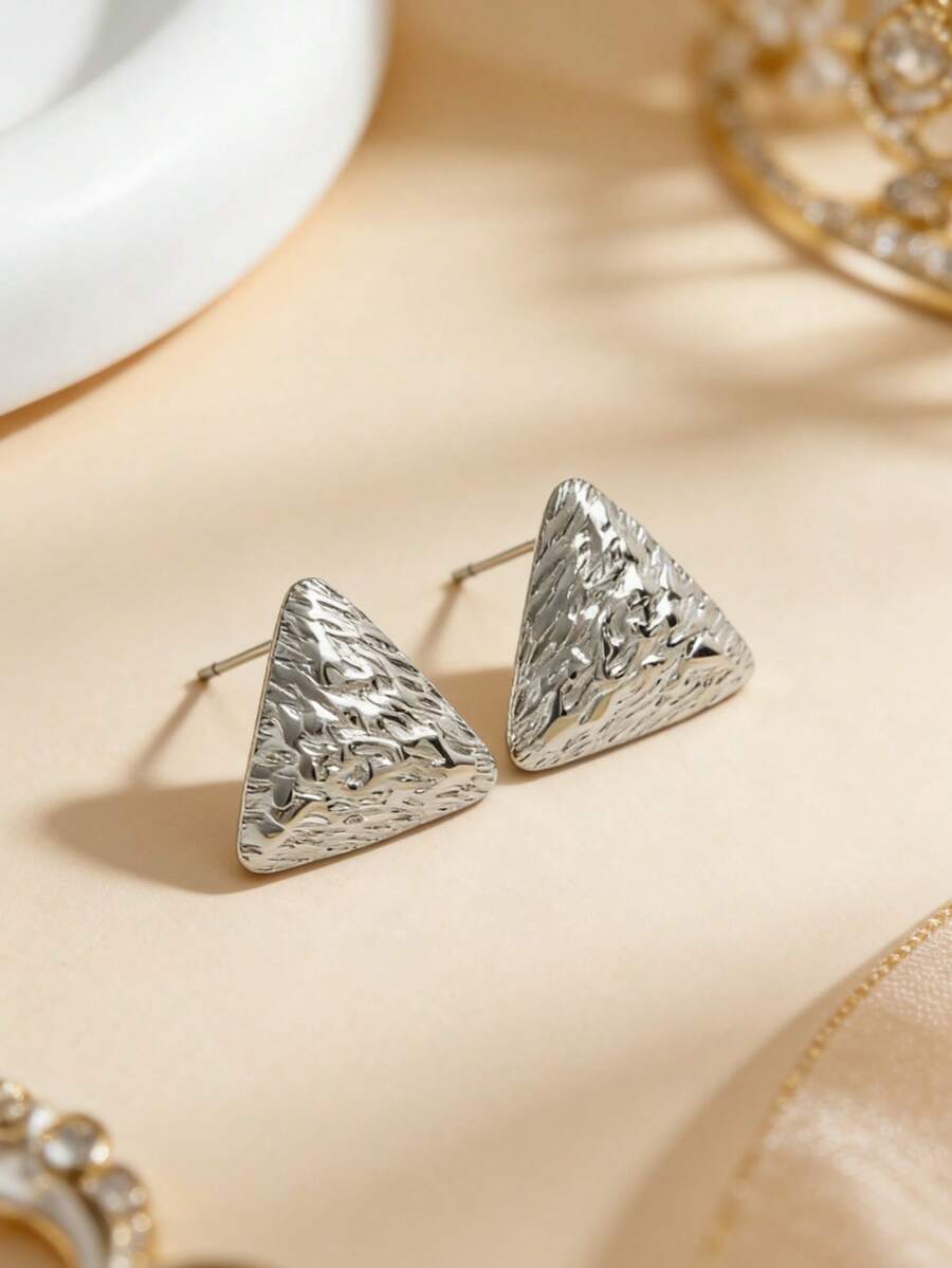 1对时尚不锈钢三角形耳环，优雅简约女士耳环，适合日常佩戴 - 銀色 - 查看 1