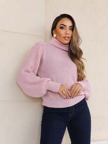Cropped Knit High Neck Cacharrel Puff Sleeve - Rosa Pálido - Ver 1