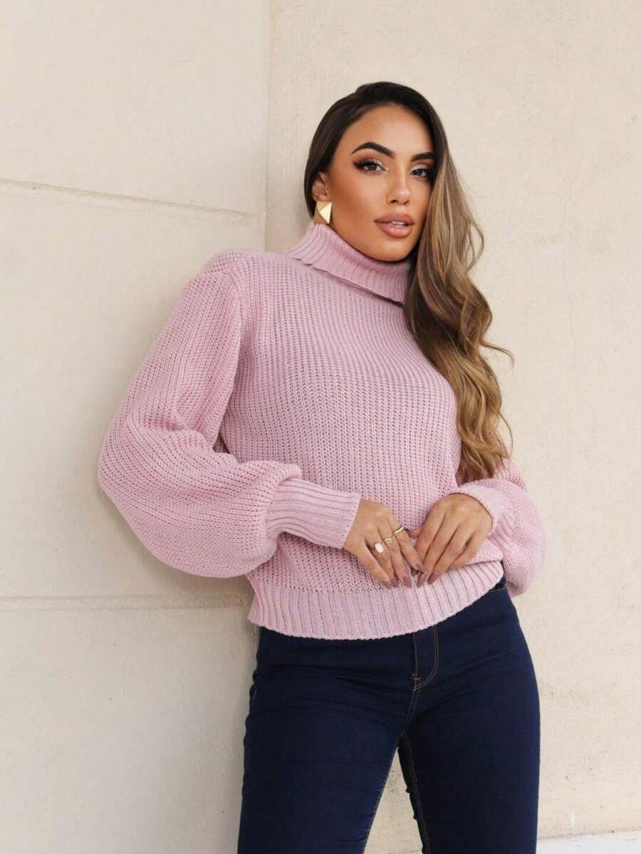 Cropped Knit High Neck Cacharrel Puff Sleeve - Rosa Pálido - Ver 1