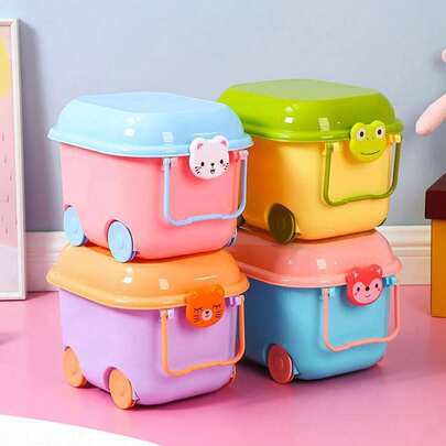 1 pièce Boîte de rangement aléatoire de dessin animé, boîte de rangement en plastique pour blocs de construction pour enfants avec roues et couvercle, convient comme cadeau pour fils ou fille