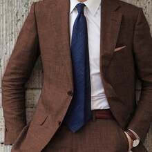 Men's 2pcs Linen Suit Summer Wedding Formal Party Events Tuxedo Suit Elegant Casual Working Business Suit 34S 36S 38S 40R 42R 44R 12.15gal - 咖啡色 - 查看 1