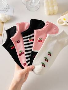 5 Pairs Women's Cute Cherry & Striped Pattern Ankle Socks, Black And Pink, Non-Slip, Breathable, Suitable For Spring/Summer - Multicolor - View 11