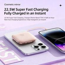 可爱内置充电线二合一迷你化妆镜移动电源 10000mAh 15W 快充便携式充电器，内置 2 条充电线，方便旅行携带，附赠情人节礼物套装 - 紫色 - 查看 3