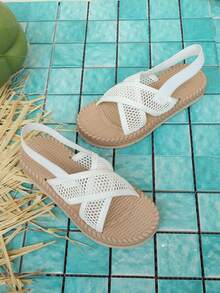 1双女士白色网眼装饰面料高弹透气减震防滑耐磨圆头简约时尚沙滩风套脚泡沫平底凉鞋，适合3-15岁女孩日常、居家、旅行、派对穿着，2026春夏新款泡沫凉鞋 - 白色 - 查看 7