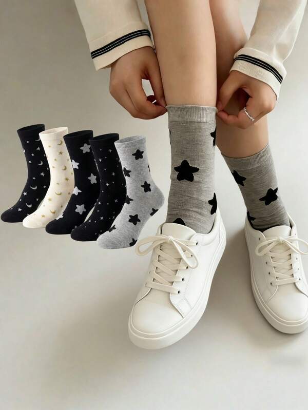 1/5pairs Mid-Calf Socks Women Stars And Moons Pattern, Slouch Socks Black White Gray, Cute Preppy Style, Ideal For School Streetwear,Thin Summer-Spring Style, Breathable And Comfortable