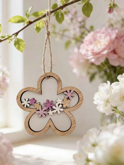 2pcs Wooden Flower Hanging Ornaments, 3.31inch, Pink & Green, Spring Home Decor, Suitable For Spring, Easter Decoration