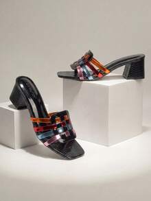 2026 New Women's Shiny Black Summer Vacation Beach Outfit, Colorful Transparent Strap Patchwork Block Heel Shoes, 5cm Chunky Heel Casual Rhinestone Sandals - Black - View 3