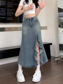 Chân váy denim xếp ly bồng bềnh cạp cao dáng đuôi cá dễ thương, phong cách thường ngày dành cho nữ. - Màu xanh lam - Xem 1