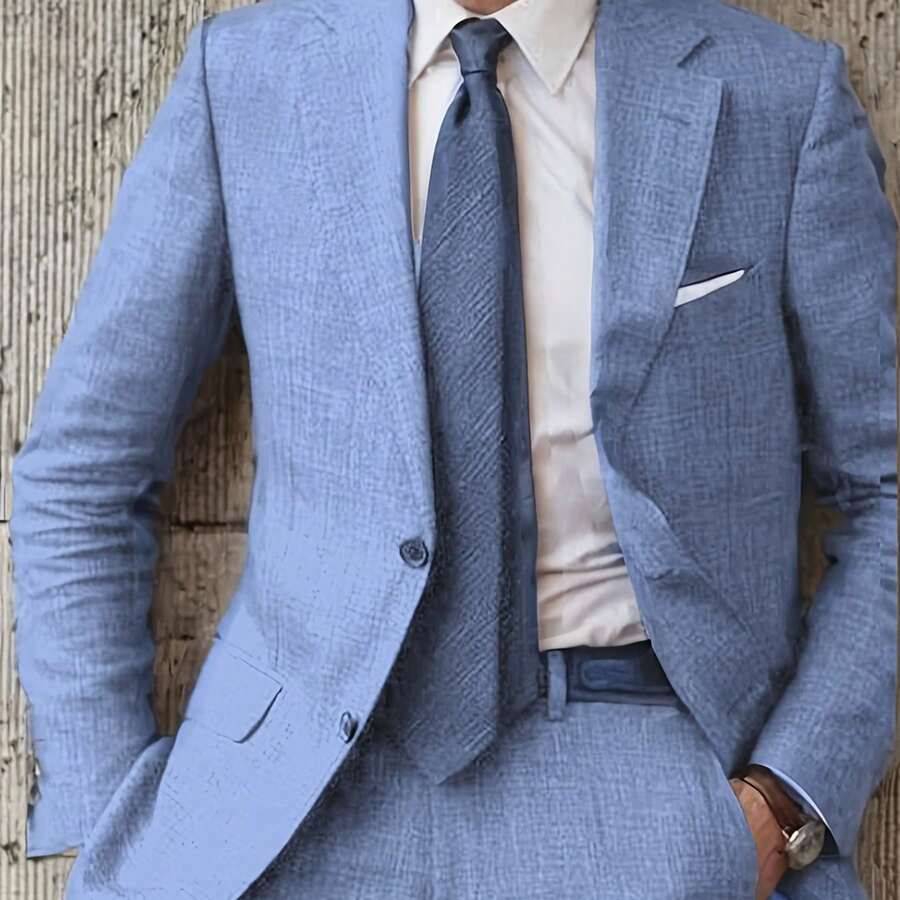 Men's 2pcs Linen Suit Summer Wedding Formal Party Events Tuxedo Suit Elegant Casual Working Business Suit 34S 36S 38S 40R 42R 44R 12.15gal - 亮鋼藍 - 查看 1