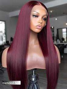8-36 Inch Natural Black Straight Lace Front Wigs Human Blended Hair 13x4 HD Transparent Lace Front Human Blended Hair Wigs For Women Glueless Brazilian Virgin Hair Lace Frontal Wig 180% Density Pre Plucked With Baby Hair Hairline 99J Burgundy - S99J/BUG - View 2