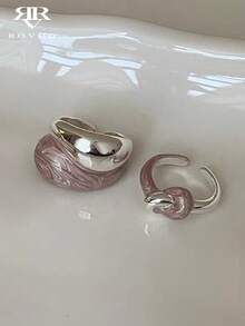 2pcs Minimalist & Elegant French Style Geometric Purple Enamel Drip Oil Design Unique Luxury Rings Set, Versatile For Daily, Vacation, Party Wear - Silver + Purple - View 1