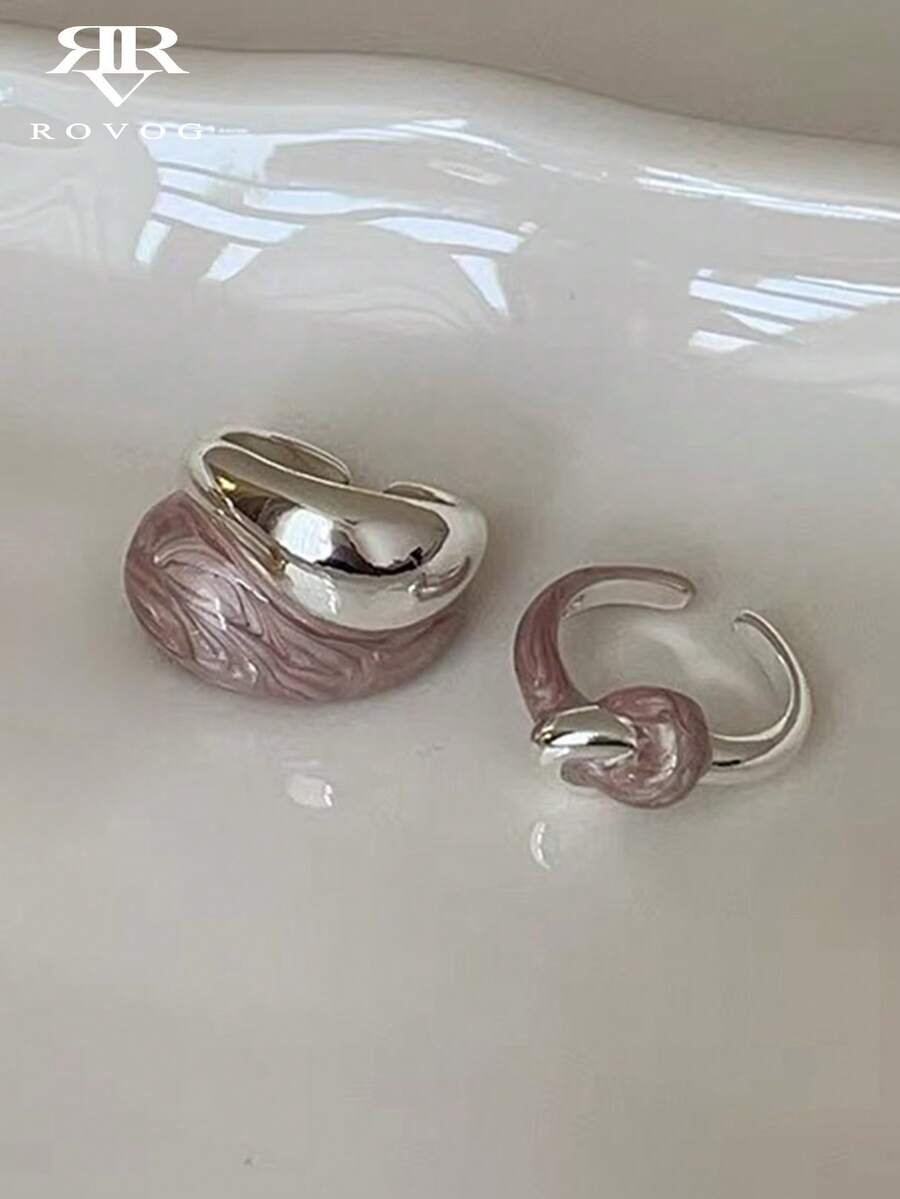 2pcs Minimalist & Elegant French Style Geometric Purple Enamel Drip Oil Design Unique Luxury Rings Set, Versatile For Daily, Vacation, Party Wear - Silver + Purple - View 1