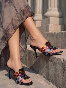 2026 Summer New Women's 9cm Pointed Toe Stilettos, Glossy Black With Colorful Transparent Strap Patchwork, Casual Rhinestone Party & Evening Wear High Heels - Black - View 1