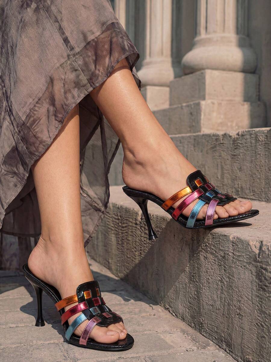 2026 Summer New Women's 9cm Pointed Toe Stilettos, Glossy Black With Colorful Transparent Strap Patchwork, Casual Rhinestone Party & Evening Wear High Heels - Black - View 1