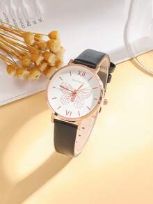 6pcs/Set Elegant Butterfly Design Quartz Watch, Necklace Set, White Dial Exudes Understated Luxury, Great For Singles' Day, Birthday Gift - Gold - View 2